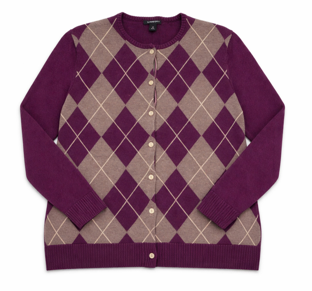 Lands End Argyle Cardigan Womens M Purple Gray Supima Cotton Preppy Classic